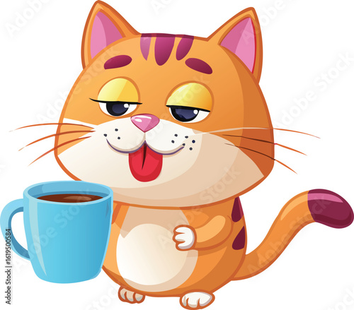 Vector art of cute cartoon cat with a cup of coffee, isolated on transparent background.