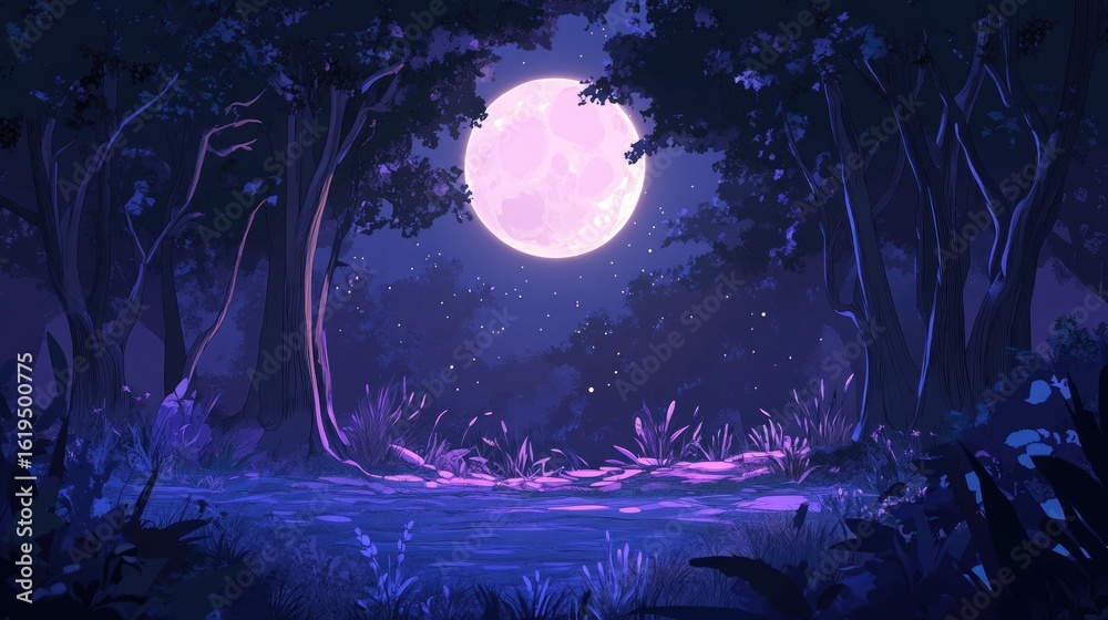 Fototapeta premium Enchanted Forest Night: Pink Moonlit Path