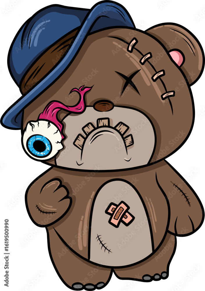 Fototapeta premium Creepy-cute zombie teddy bear with a stitched face, missing eye, blue hat, and torn body. Perfect for Halloween, horror humor, scary toy concepts, or quirky sticker packs