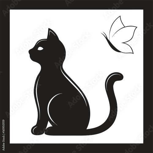 Black cat silhouette sitting with a butterfly flying above insect