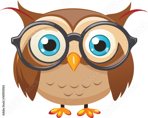 Vector art of cute cartoon owl wearing glasses, isolated on transparent background.