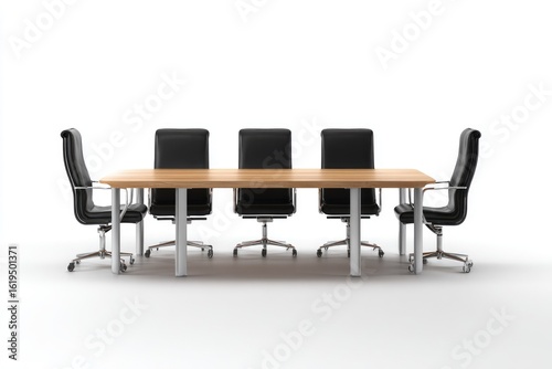 Conference table with five black leather chairs