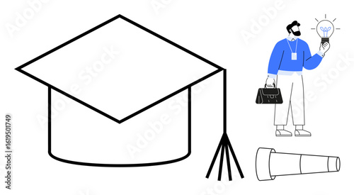 Man in formal attire holds illuminated lightbulb, standing near telescope and large graduation cap tassel. Ideal for education, innovation, vision, leadership, career, success, future planning