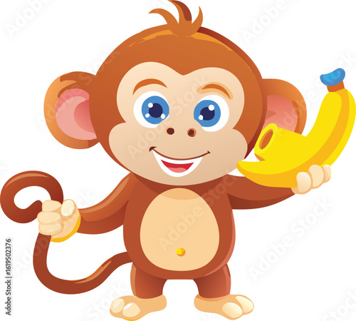 Vector art of happy cartoon monkey holding a banana, isolated on transparent background.
