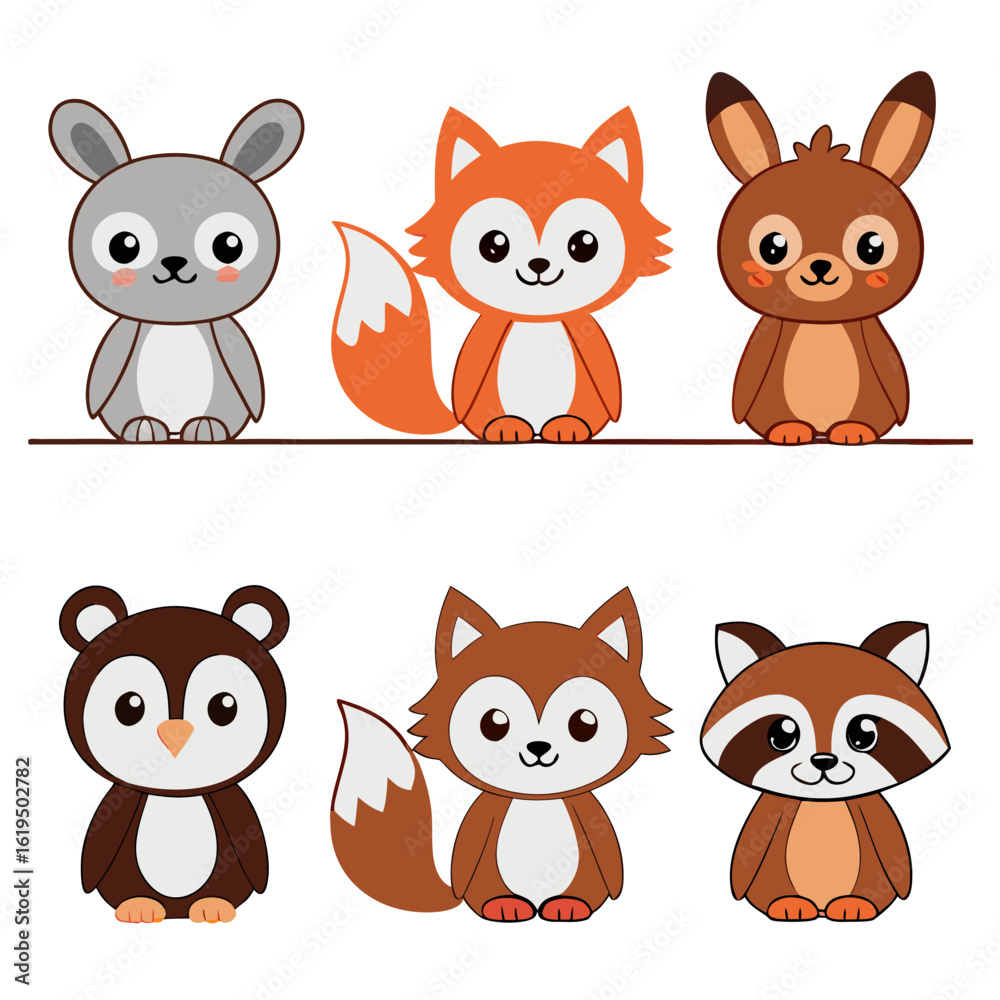 Fototapeta premium Cute Cartoon Forest Animals Sitting on a Line and Standing rabbit