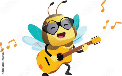 Vector art of cute cartoon bee playing guitar with sunglasses and musical notes, isolated on transparent background.