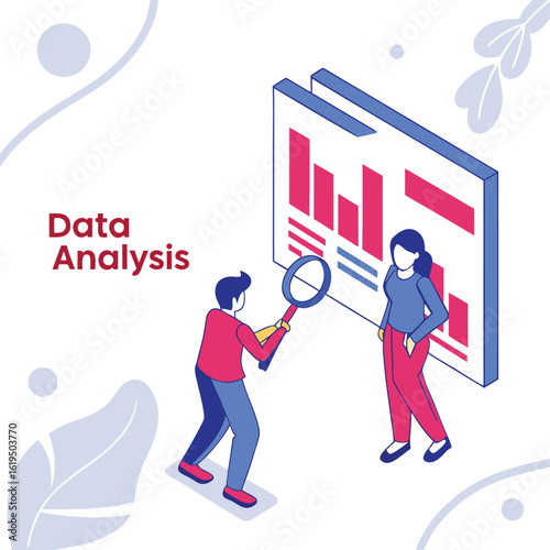 Analyzing financial charts with magnifying glass and data display data analysis people