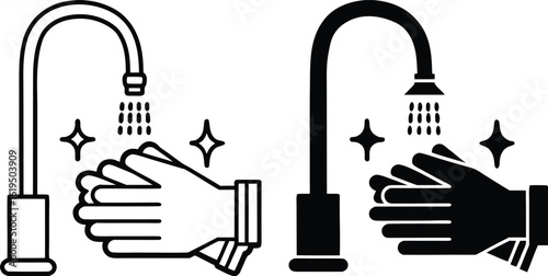 Sanitation Icons. Black and White Vector Illustration. Man Washing Hands Under Tap. Disinfection, Cleanliness. Hygiene Concept