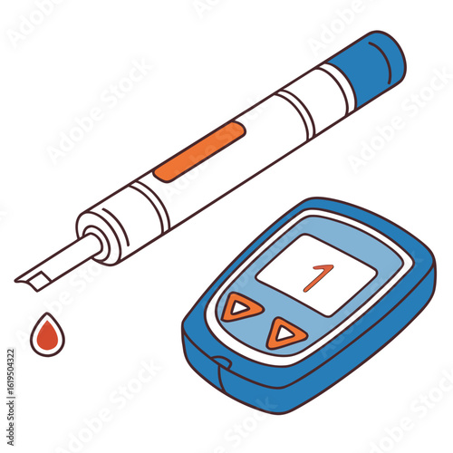 Blue blood glucose meter and lancet with blood drop diabetes testing medical equipment