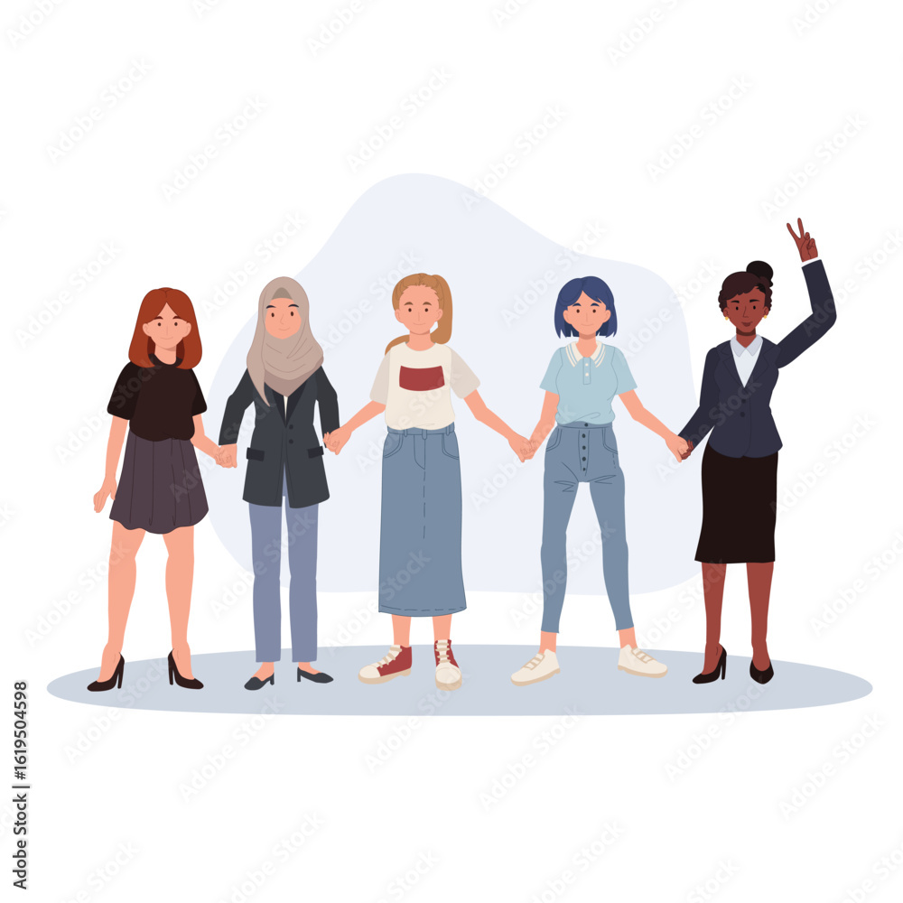 Obraz premium female unity multicultural women standing together in support. women holding hands standing together
