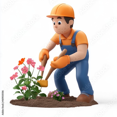 3D Gardener Tending Vibrant Flowers: A Colorful Illustration