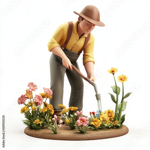 3D Render: Gardener Tending Colorful Flowers, Spring Garden Scene,  Man Cultivating Plants