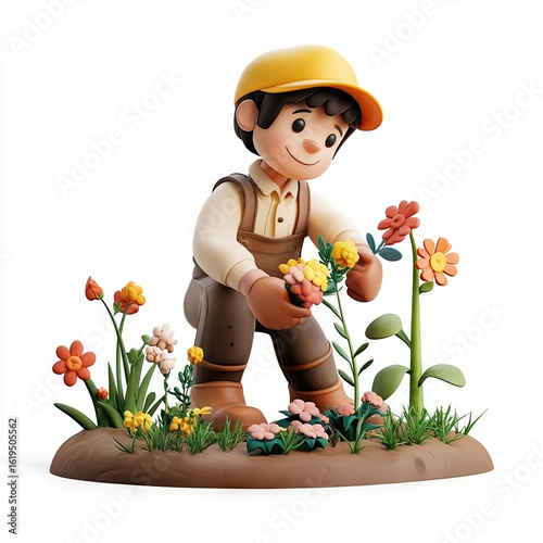 3D Render: Gardener Tending Vibrant Flowers