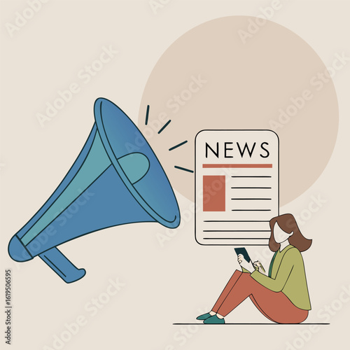 Blue megaphone broadcasting news to person with phone information communication