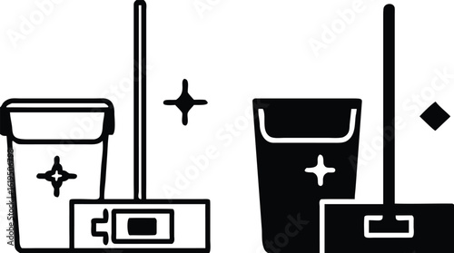 Sweep Icons. Black and White Vector Illustration. Man with a Broom. House or Street Cleaning. Hygiene Concept