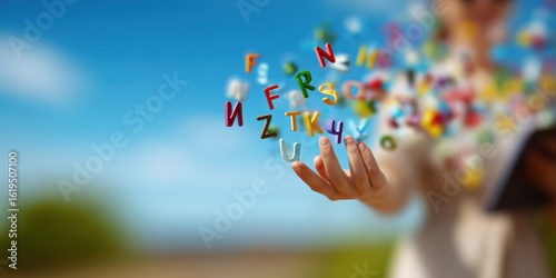 Hand holding colorful alphabets floating in air against blue sky with green blurred background