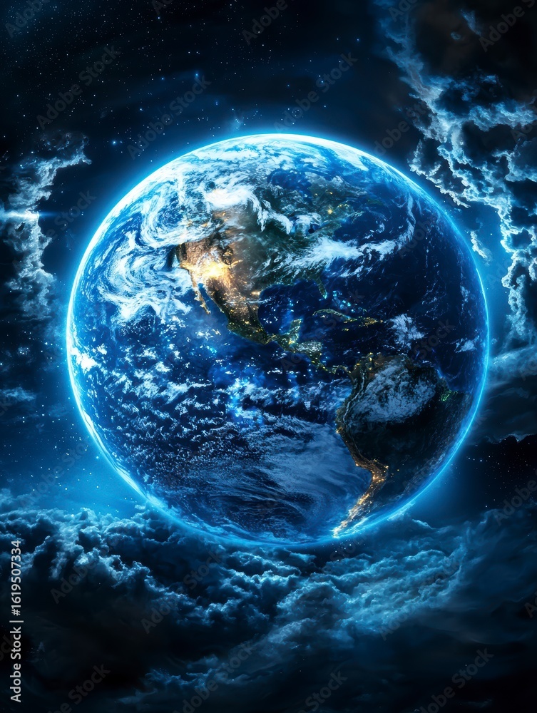 Obraz premium Blue Earth at Night from Space.