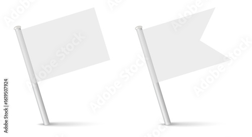 Blank white decorative topper flag with inclined metal stick flag mockup. 3D realistic vector illustration isolated on white.