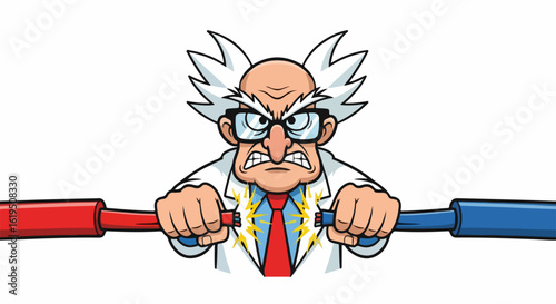 Cartoon mad scientist with an angry expression connecting sparking red and blue electrical cables.