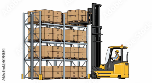 Yellow Forklift with Operator Placing Cardboard Boxes on Tall Warehouse Shelving