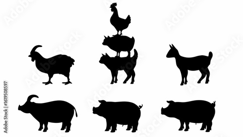 Vector  silhouette illustration of farm animals including goats pigs a buffalo and a stacked chicken pig and cat