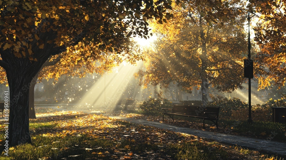 Obraz premium Autumnal Park: Sunbeams Dance Through Golden Leaves