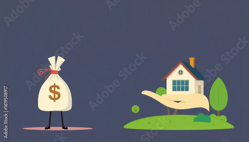 Illustration of Money Bag with Dollar Sign Next to a House on a Green Landscape with Hand Symbolizing Real Estate Investment and Financial Growth
