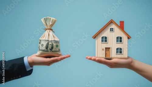 Hands Holding Money Bag and Wooden House Model Representing Real Estate Investment Concept and Financial Decisions for Home Buyers