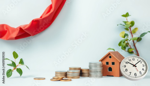 Financial Growth and Investment Concept with Coins, House Model, Clock, and Green Leaves on Light Background