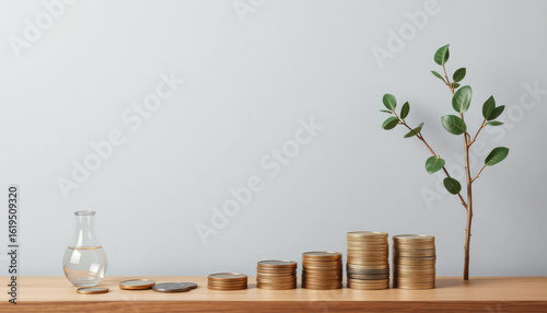 Stacks of coins on wooden table with glass flask and green plant against minimalistic wall background, symbolizing growth and investment