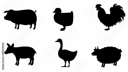 Vector  silhouette illustration of farm animals including a pig duck rooster deer goose and sheep isolated