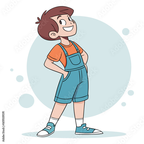 Cheerful boy wearing blue overalls and orange shirt child happy