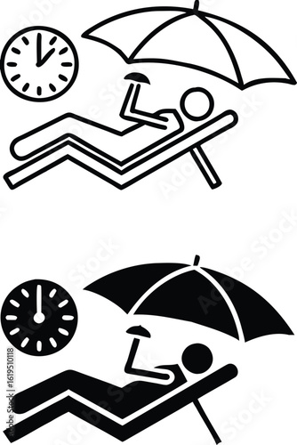Vacation icons. Black and White Vector Icons. Man Vacationing on a Deckchair with a Cocktail. Beach Umbrella and Clock. Travel Concept