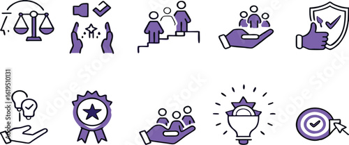 Colored Set of Core Values Icons. Vector Icons Commitment, Innovation, Customers, Teamwork, Honesty, Goals, Responsibility, Reliability, Quality, and Inclusion
