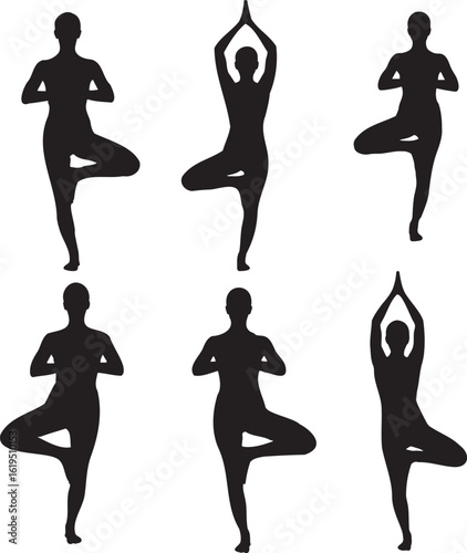 Yoga Tree Pose (Vrksasana) Silhouette Vector Icon Set