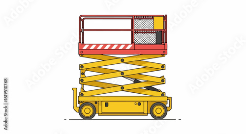 Yellow and red mobile scissor lift with an elevated platform, vector illustration.