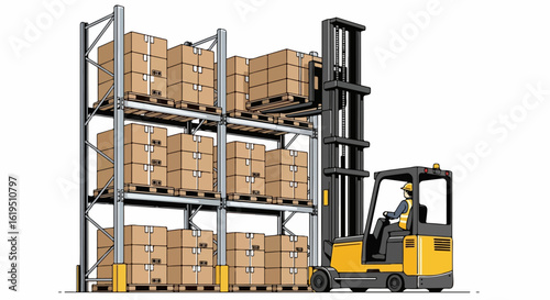 Vector illustration of a warehouse worker operating a yellow forklift, stacking pallets with boxes on industrial racks.