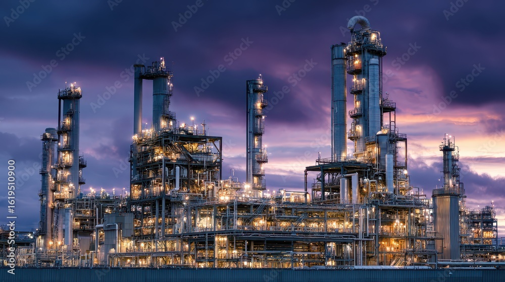 Industrial site at dusk Plant pumping oil into pipelines with cloudy, dramatic sky Industrial site at dusk Plant pumping oil into pipelines with cloudy, dramatic sky
