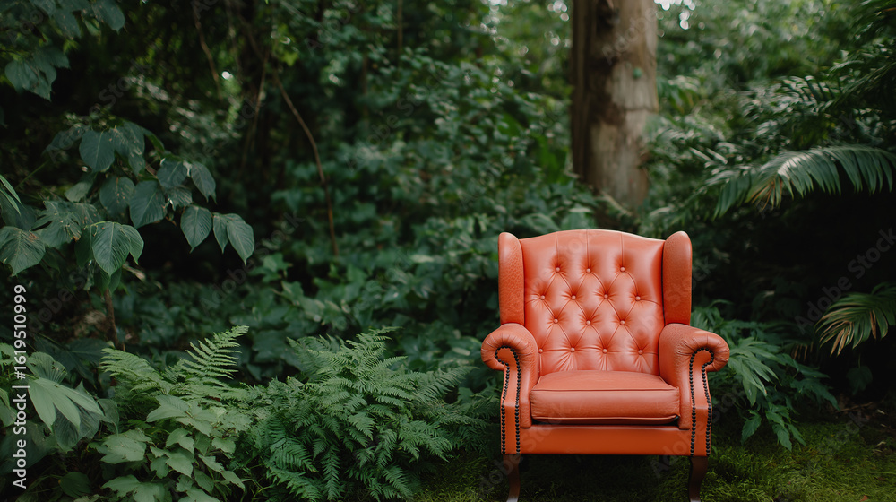 A vibrant coral pink armchair stands out amidst rich green foliage, creating a serene spot for unwinding or sparking creativity. Ideal for interior decor or lifestyle imagery A vibrant coral pink armchair stands out amidst rich green foliage, creating a serene spot for unwinding or sparking creativity. Ideal for interior decor or lifestyle imagery