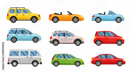 Collection of Nine Colorful Cartoon Cars: SUV, Convertible, Hatchback, and Minivan