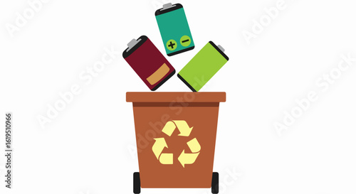 Colorful Batteries Being Recycled into a Brown Recycling Bin Illustration