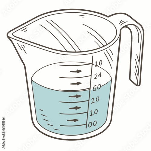 Clear glass measuring cup with blue liquid and markings water