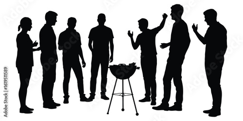 A man grilling meat standing on the side of the road vector.Backyard barbecue party with friends enjoying summer grilling and good company in silhouette for lifestyle brand