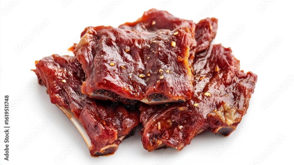 Obraz premium BBQ Beef Ribs. Ingredient: Beef ribs, BBQ sauce, paprika, brown sugar. Isolated on pure white background. 3D Illustration.