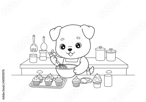 Vector coloring page featuring a cute puppy baking cupcakes in a bright kitchen
