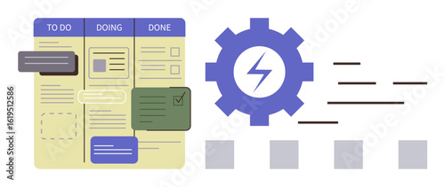 Kanban board showcasing task stages To Do, Doing, Done, paired with automation gear symbol and icons. Ideal for project management, productivity, teamwork, process optimization, strategy workflow