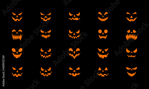 Collection of spooky jack o lantern faces on black background