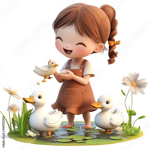 Charming 3D Render: Little Girl with Ducklings by Pond