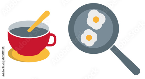 Fried eggs and coffee. Breakfast, cafe. Cup, frying pan. Colored icon. Flat vector illustration isolated on white background.