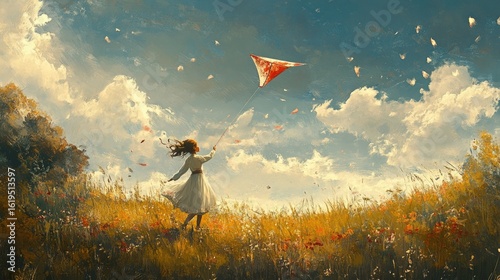 Girl Flying Kite in Serene Meadow: Artistic Digital Painting of Peaceful Nature Scene